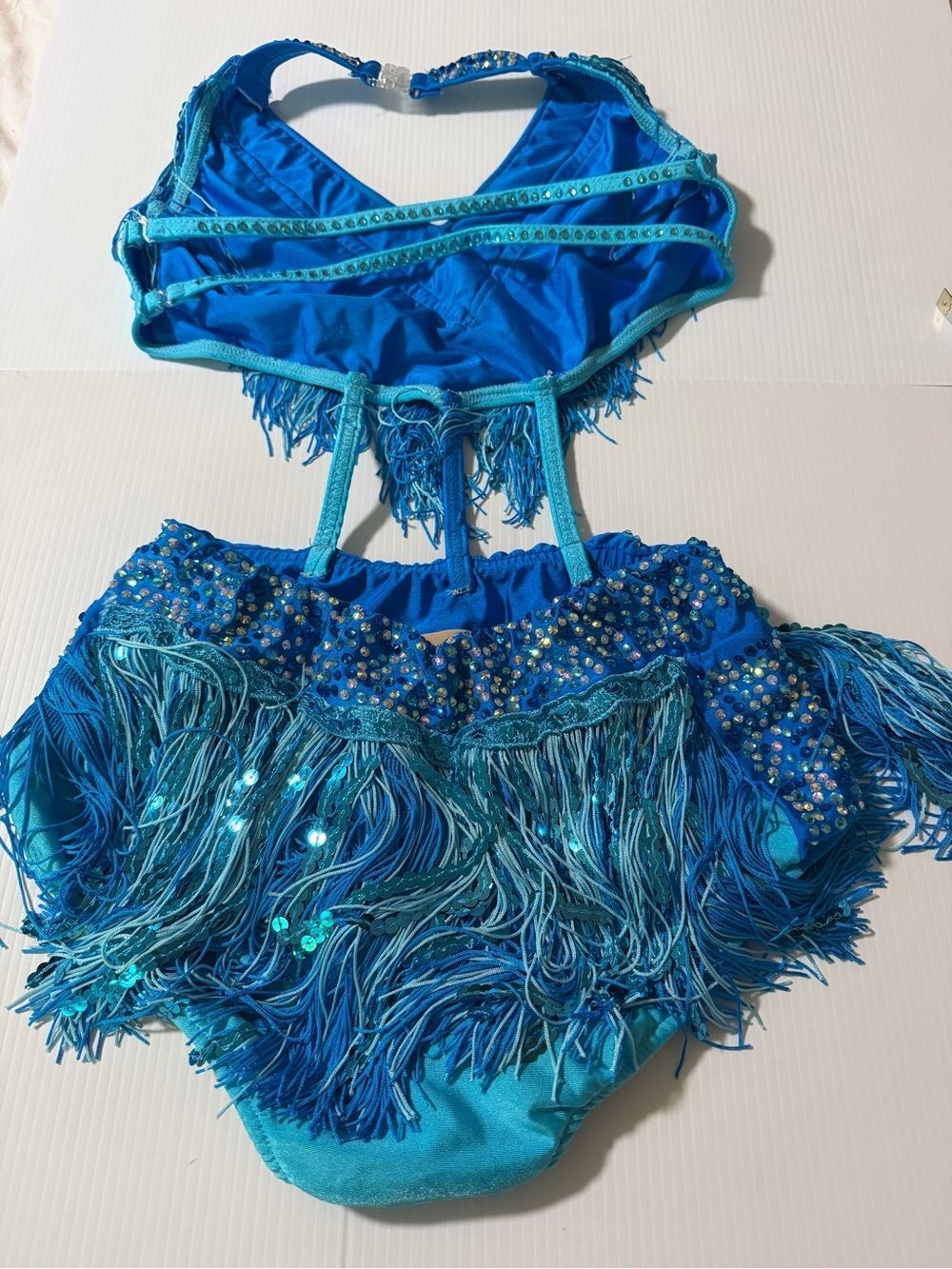Glamour LA Adult Turquoise Fringe Jazz Costume Rhinestone Latin cabaret Solo - Picture 4 of 8